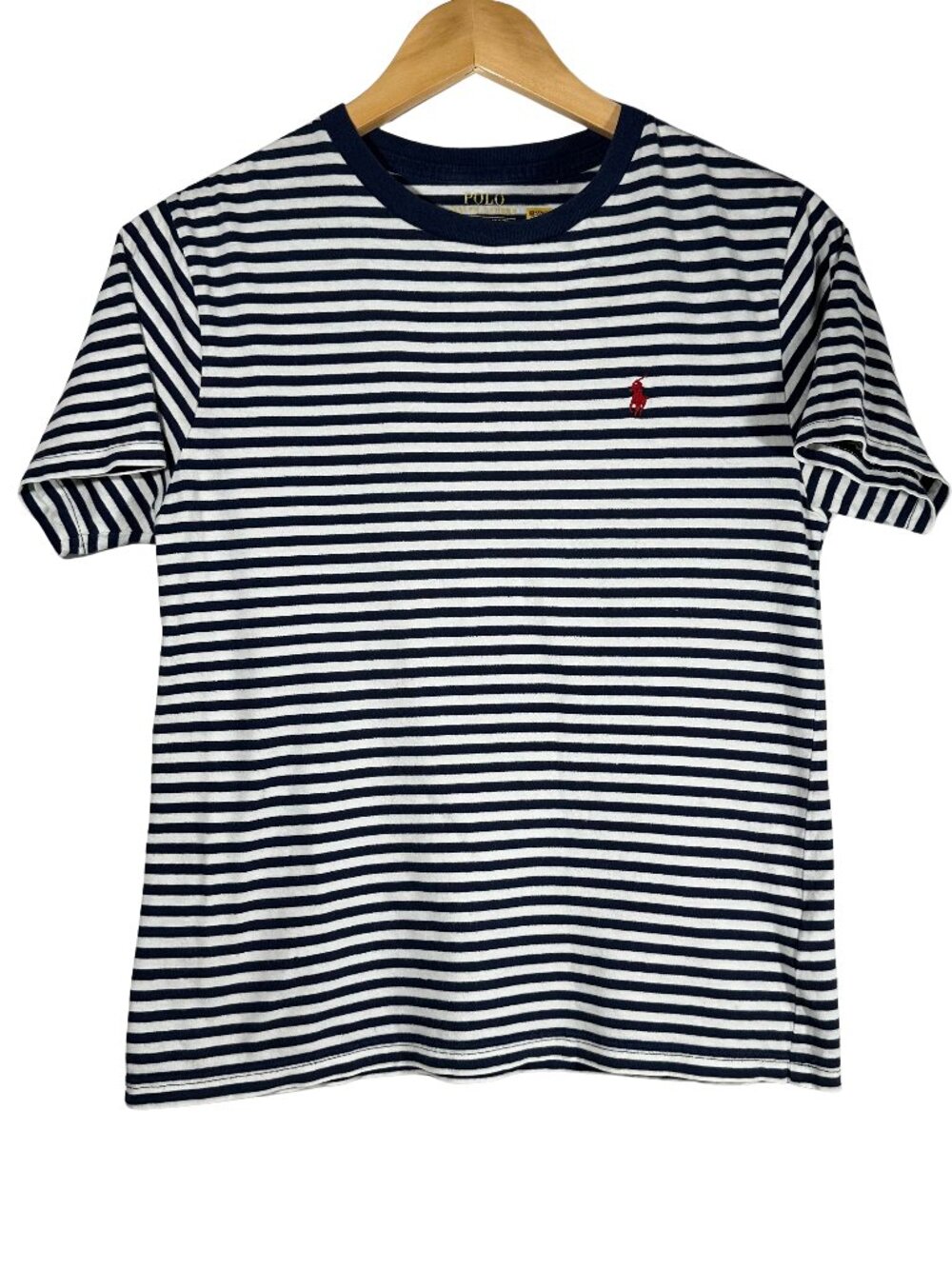 Polo Ralph Lauren Boys M 10-12 T Shirt Navy White Striped Red Pony Logo Cotton